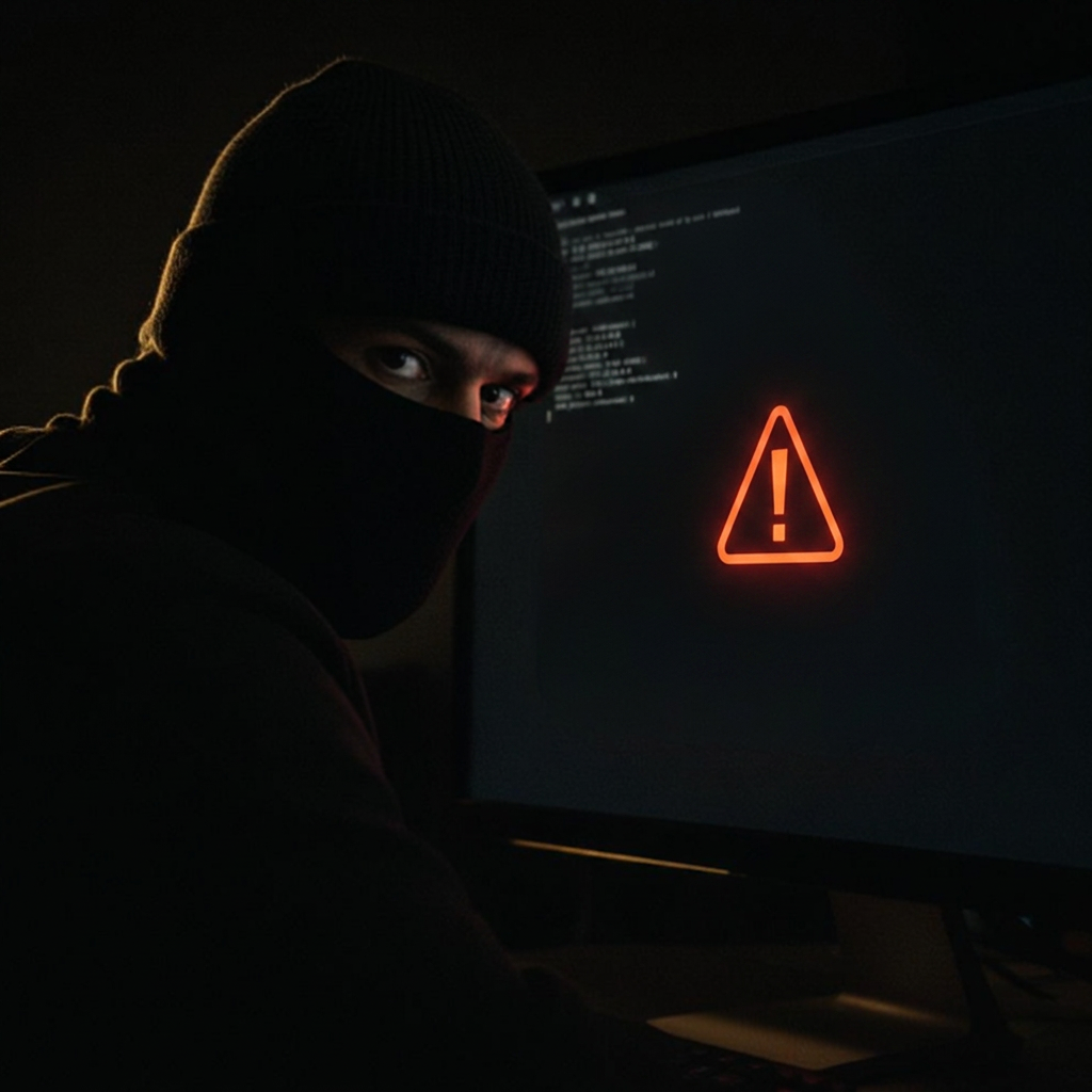 Silhueta de um ladrão atrás de monitor com alerta vermelho — golpes em sites falsos de leilão